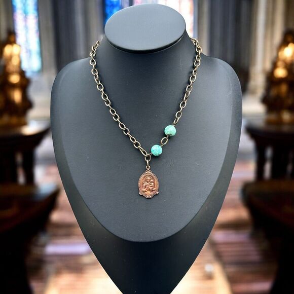 Brass St. Anthony Medal Gothic Necklace Turquoise Glass Bead Link Chain Chunky - Picture 2 of 9